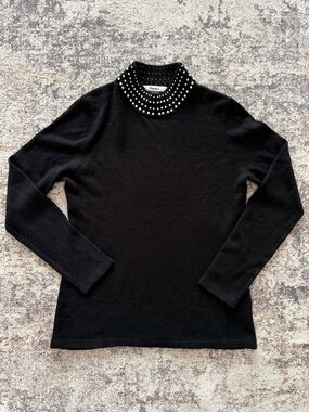 Tanjay Black Sweater Top | Pearl Embellished Mock Neck | Size S | Classic